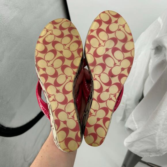 VTG y2k Women's Pink Khaki COACH Nella Signature Monogram Wedge Sandals 7.5M - Picture 8 of 8